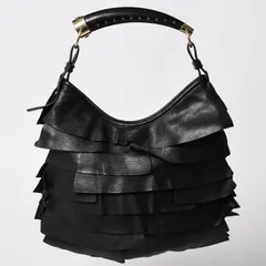 極美品 YVES SAINT LAURENT イヴサンローラン サントロペ ワンショルダーバッグ ブラック フリル レザー ロゴ 肩掛け 132244 ゴールド金具 中古 4a002027