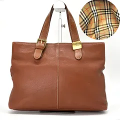 【品よく馴染む、英国ブラウン】　BURBERRY　レザー トートバッグ ノバチェック シャドーホース ゴールド金具　ブラウン