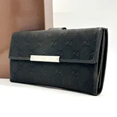 【余裕は黒に宿る】　GUCCI　長財布 GGキャンバス レザー Wホック 7カード Y2K シルバープレート　ブラック