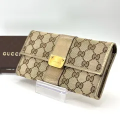 【静かに薫る余裕】　GUCCI　長財布 GGキャンバス フラップ レザー ゴールドカラー金具 ヴィンテージ　ゴールド