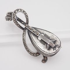 X123 Marcasite 925 Hallmark Brooch Mandolin Stringed Instrument Design Silver Vintage