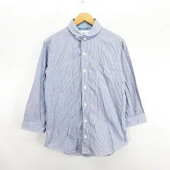 シップス SHIPS シャツ 七分袖 丸衿 ストライプ 胸ポケット コットン L ネイビー×ホワイト ※EKM