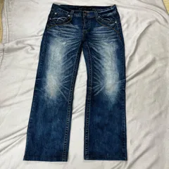 RED PEPPER レッドペッパー　刺繍デニムパンツ　ストレートパンツ　ユニコーン　ブルー　ダメージ加工　メンズ　34インチ