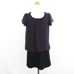 ロペ ROPE ワンピース チュニック 半袖 フレアスリーブ ラウンドネック ミニ丈 ドッキング シフォン 9 パープル×ブラック ※EKM