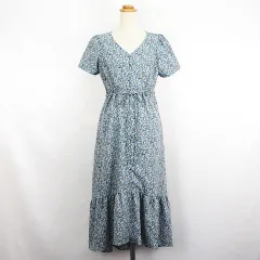 ヘザー Heather ワンピース チュニック 半袖 Vネック フロントボタン ロング丈 ヴィンテージ柄 花柄 F グレー ※EKM