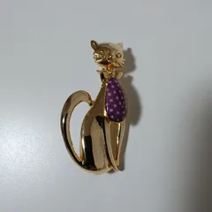 猫 ブローチ ゴールド パープル ドット柄リボン キャット アクセサリー MF48