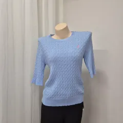 ケーブル 薄い ニット 半袖 スカイブルー
