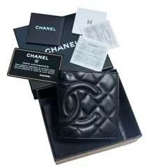 保管品◆本物シャネルCHANELカンボンラインスキンカーフココマークCCがま口二つ折り財布コンパクト財布小銭入れシールカードあり10番台ユニセックス