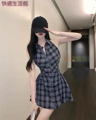 新品 未使用 レディース ファッション系 韓国 服 レディース ワンピース ミニ シャツ チェック柄 ノースリーブ