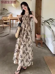 新品 未使用 レディース ファッション系 韓国 服 レディース ワンピース ベージュ 花柄 ロングワンピース ノースリーブ