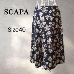 SCAPA スキャパ 花柄プリント刺繍リネン混ロングスカート 40ネイビー 