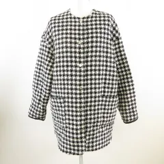 ザラ ZARA ノーカラーコート ハーフ丈 長袖 千鳥格子 黒 白 M *T331