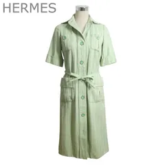 HERMES SPORT エルメス ヴィンテージ シャツワンピース ロングワンピース ウエストベルト 半袖 ロゴボタン ポケット ストライプ柄 グリーン サイズ38 レディースのサムネイル