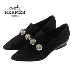 エルメス HERMES ローファー 革靴 靴 シューズ スエード ブラック 黒 シルバー 丸スタッズ フラットシューズ