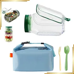 【新品】 3点セット サラダ容器 サラダジャー 保冷ランチボックスバッグ 大容量 1200ml 野菜 スープジャー 保温 保冷 水漏れ防止 食洗機対応 軽量 持ち運び 簡単 横開き蓋 調味料容器 フォーク付き 通勤 通学 ピクニック アウトドア ミール お 0のサムネイル