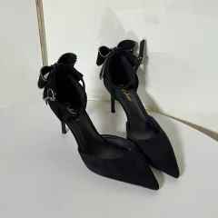 @新品 230サイズ 8cm ブラック リボン キュービック ストラップ ハイヒール 靴のサムネイル