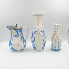英国アンティーク 19世紀 パリアンウェア 陶器 3点セット ベニントン ビスケット磁器 ピッチャー 花瓶 錫蓋付 葡萄 チューリップ