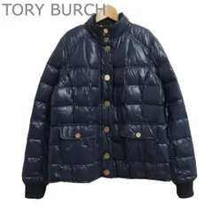 美品 TORY BURCH トリーバーチ ダウンジャケット ミドル丈 スタンドカラー フルジップ 袖リブ ロゴ 金ボタン ネイビー サイズS レディースのサムネイル