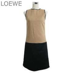 LOEWE ロエベ ワンピース ドレス 膝丈 ノースリーブ レザートリム バイカラー キャメル100％ ベージュ ブラック サイズ38 レディース
