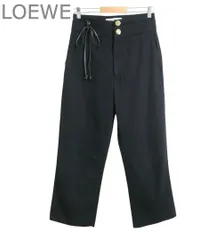 美品 ロエベ LOEWE パンツ スラックス アナグラム レザーストラップ 金ボタン ストレート コットン ブラック サイズ36 レディースのサムネイル