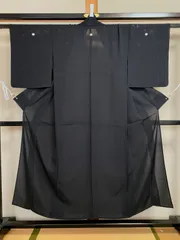 492B【アンティーク着物】絽 黒無地 美品 喪服 黒留袖 五つ紋  桔梗紋 夏物 お稽古・お茶会に リメイク素材にものサムネイル