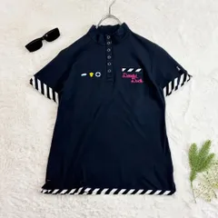 日本製 Disney SPORT Munsingwear ディズニー スポーツ マンシングウェア コラボ 別注 ゴルフウェア 半袖 ポロシャツ ボーダー ドナルドダック ロゴ刺繍 ネイビー 紺 ゴルフウェア レディースLのサムネイル