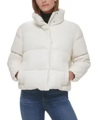 カルバンクライン レディース アウター ジャケット・ブルゾン レザー ジャケット Calvin Klein Womens Short FauxLeather Puffer Jacket Tofuのサムネイル