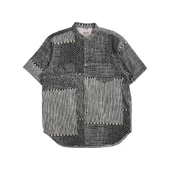 SOU SOU ソウソウ 高島縮 パッチワーク風 格子 水玉 切替 デザイン バンドカラー 半袖 シャツ L/ブラック×ホワイト系 メンズ 坂尾織物のサムネイル