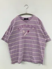 EAST BOY イーストボーイ Tシャツ/カットソー F パープル ボーダー柄 前面プリント ブランドロゴ ミドル丈 半袖 Vネック レディース