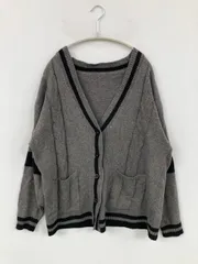 カーディガン/ボレロ XL グレー ニット 無地 ライン柄 ミドル丈 長袖 レディース
