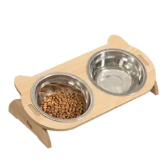 [maru5] 猫 犬 フードボウル 木製スタンド ペットボウル 15度の傾斜 吐き戻し軽減 ステンレスボウル 餌入れ ごはん皿 水入れ ウォーターボウル 滑り止め 簡単組み立て(シングルボウル) [シングルボウル]