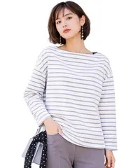 [グリーンパキラ] オフィスカジュアル レディース トップス 春 秋 カットソー ボーダー 長袖 レディーストップス ボーダーtシャツ 春服 秋服 プルオーバー ボートネック 女性 ファッション 服 ウーマン レディー [白×グレーボーダー] [L] [標準]