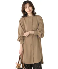 [グリーンパキラ] チュニックブラウス シャツワンピース レディース 春 夏 秋 トップス ロング ブラウス シャツ 長袖 チュニック パフスリーブ シャツワンピ 羽織り 体型カバー シンプル 重ね着 着回し 丸首 茶色 (M, [ブラウン] [M] [標準]