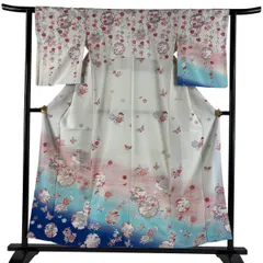 訪問着 身丈154.5cm 裄丈62cm S 袷 雪輪 蝶 金銀彩 ぼかし 青灰色 正絹 秀品 【中古】のサムネイル