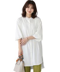 [그린 파키라] 셔츠 원피스 튜닉 여성 봄 가을 탑스 블라우스 긴 소매 스탠드 컬러 퍼프 슬리브 둥근 목 셔츠 튜닉 원피스 앞 열림 여성 탑스 귀여운 옷 사무실 캐주얼 봄 옷 가을 [화이트] [M] [표준]