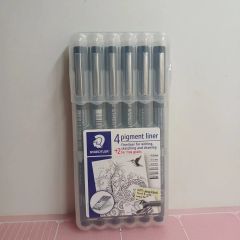 Art supplies, fan brush pens, pencils, Staedtler PIGMENT liner, 6 colors