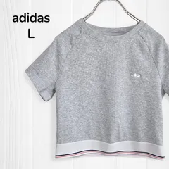 【美品】アディダスオリジナルス　adidas originals　Tシャツ　半袖Tシャツ　レディース　L　クロップド丈　ショート丈　リブTシャツ　グレー　ライトグレー　トレフォイル　刺繍ロゴ　ストリート　スポーツミックス　韓国ファッション　古着のサムネイル