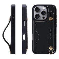 신품 HANATORA for iPhone 16 Pro 케이스 가죽 내충격 배면 벨트 카드 포켓 스마트폰 케이스 스마트폰 스탠드 기능 넥 스트랩 첨부 엠보스 레더 선물 마그넷 없음 블랙 NCGH-16 Pro-Black