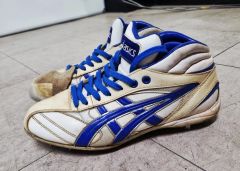 64】asics トレーニング シューズ 赤 3本ベルト 25cm アシックス