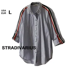 【Stradivarius/ストラディバリウス】ストライプシャツ ロールアップスリーブ オーバーサイズ ラインテープ ブルー系 青 白 （中古）のサムネイル