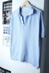 (M-L) KNITTED 半袖 KARA Tシャツ Vネック シースルー Vブルー-7BA1