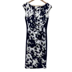 美品 LAUREN RALPH LAUREN ローレンラルフローレン 総柄 ストレッチ ノースリーブ ドレープ タイトワンピース サイズ00 ネイビー系 レディース 古着 中古 USED
