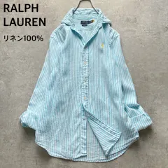 ポロラルフローレン POLO RALPHLAUREN  リネン100% 麻 長袖シャツ ブラウス ストライプ リラックスフィット ゆったり ロゴ刺繍 ポニー 水色 ライトブルー 白 ホワイト レディース ML相当 春夏 冷房対策 カジュアル 大人 羽織り 美品