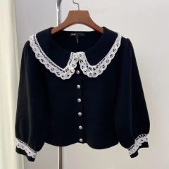 FOXEY フォクシー バイカラー 襟付デザイン ニットカーディガン 黒白