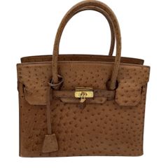 クロコ型押しレザー南京錠ハンドバッグ美品ブラウン大容量ゴールド金具 