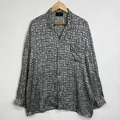 GIANNI VALENTINO ジャンニヴァレンティノ 総柄 長袖 シャツ シルク100％ 幾何学模様 個性的 開襟 オープンカラー 古着 VINTAGE ブラック ホワイト グレー系 L E610のサムネイル
