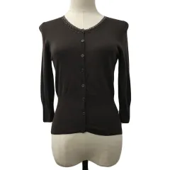 ジェラールダレル GERARD DAREL カーディガン ニット ラウンドネック 無地 薄手 ビーズ ラメ カシミヤ混 七分袖 M 茶 ブラウンのサムネイル