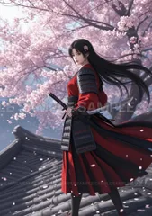 【桜舞う古都】華麗なる女性侍アート 刀 鎧 緋袴  ????? X2A86