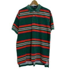 【中古】　POLO by RALPH LAUREN　ポロシャツ　90s vintage　90年代　半袖　シャツ　トップス　ハーフボタン　マルチボーダー　ワンポイント　ブランドロゴ　スモールポニー　刺しゅう　古着　/1953