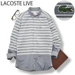 【美品】 ラコステ ライブ LACOSTE LIVE 長袖 コットン シャツ シングルポケット ラウンドヘム ワニ ロゴ 39 ボーダー柄 グレー x ホワイト フレンチ カジュアル メンズのサムネイル